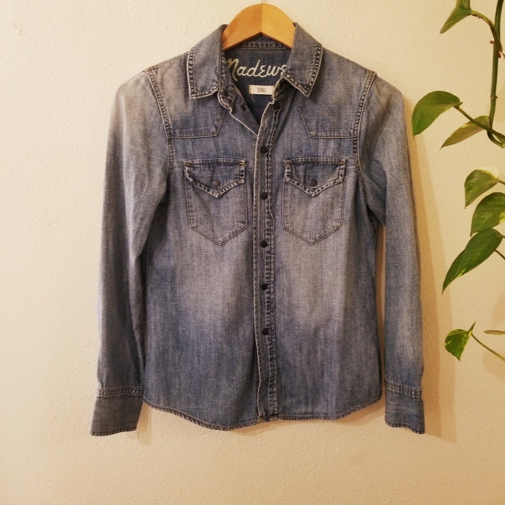 Madewell Snap Button Down Denim Chambray Shirt Xs - image 3
